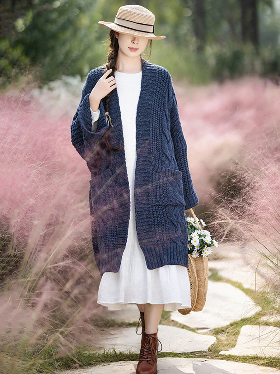 Women Autumn Artsy Solid V-neck Cable Knit Coat QM007