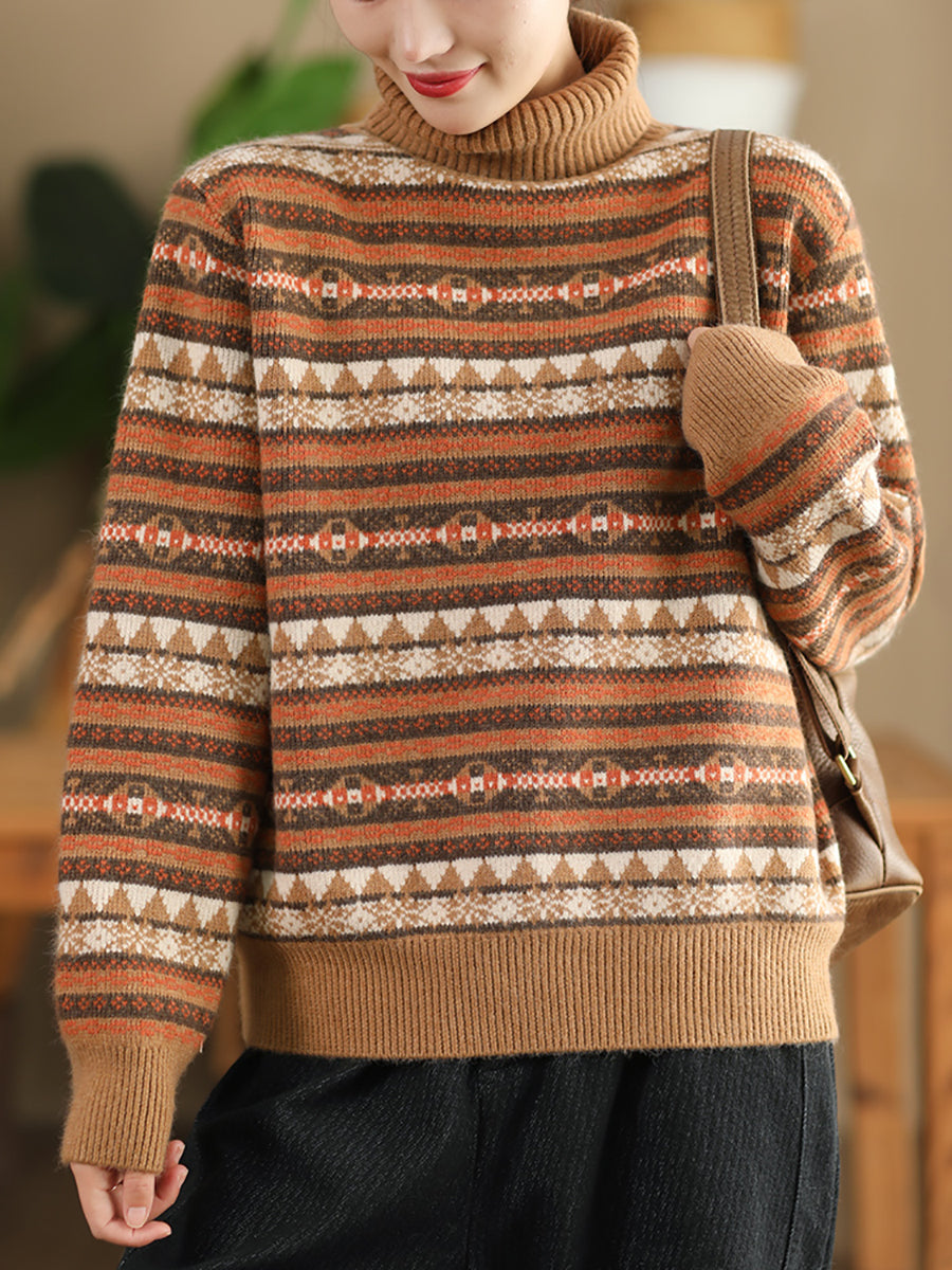 Women Autumn Casual Knit Turtleneck Stripe Sweater Coat WU012