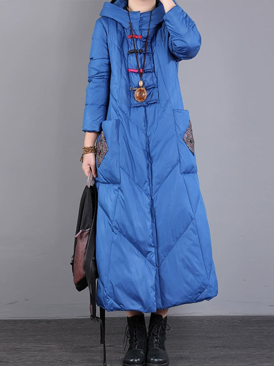 Women Winter Vintage Patch Hooded Long Down Coat WU028