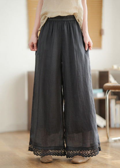 Schwarze Hose Spitze Bein Neue Breite Taille Patchwork Leinen 2025