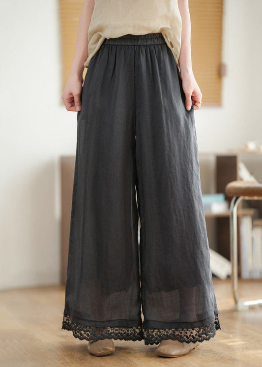 Pantalon noir en dentelle, taille large, patchwork, lin, élastique, 2025