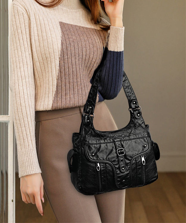 2025 New Large Leather Black Capacity Shoulder Bag Calf
