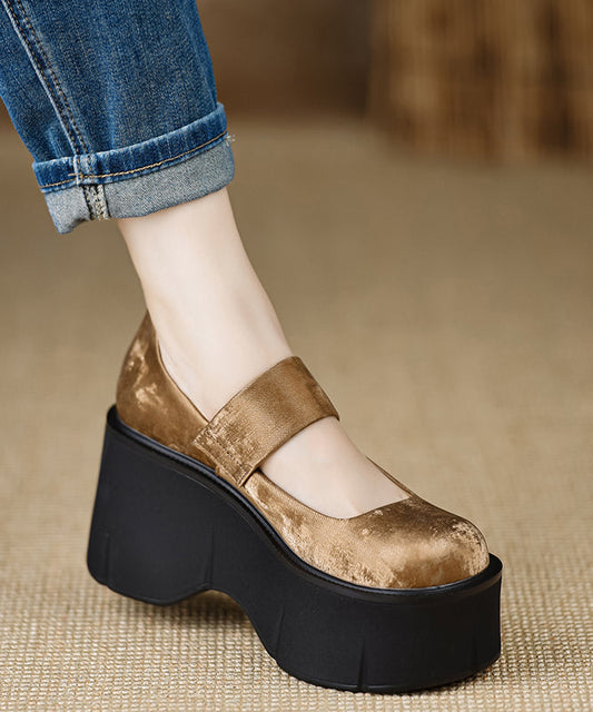 Satin High Strap Splicing 2025 Buckle Heels Brown Wedge New