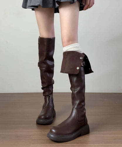 2025 New Versatile Brown Faux Leather Splicing Knee Boots YC009