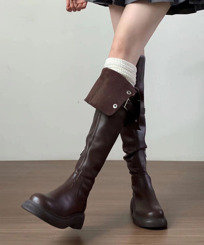 2025 New Versatile Brown Faux Leather Splicing Knee Boots YC009