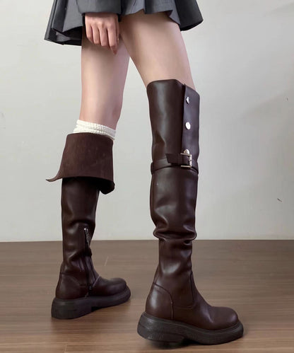 2025 New Versatile Brown Faux Leather Splicing Knee Boots YC009