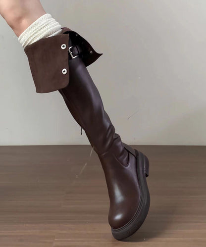 2025 New Versatile Brown Faux Leather Splicing Knee Boots YC009