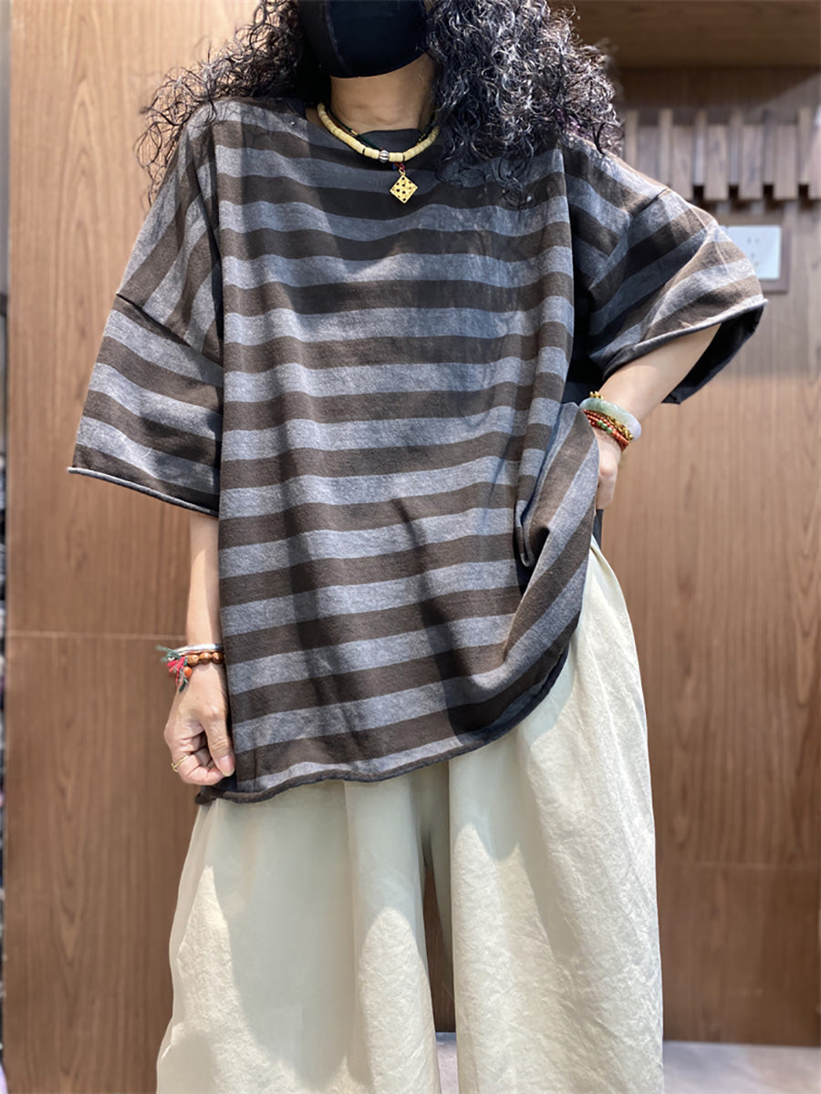 Shirt size Plus Women Summer Stripe O-Neck Colorblock