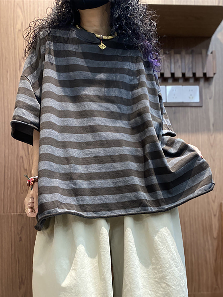 Shirt size Plus Women Summer Stripe O-Neck Colorblock