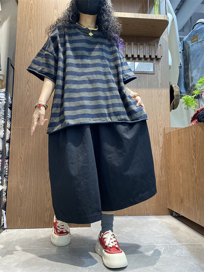 Shirt size Plus Women Summer Stripe O-Neck Colorblock