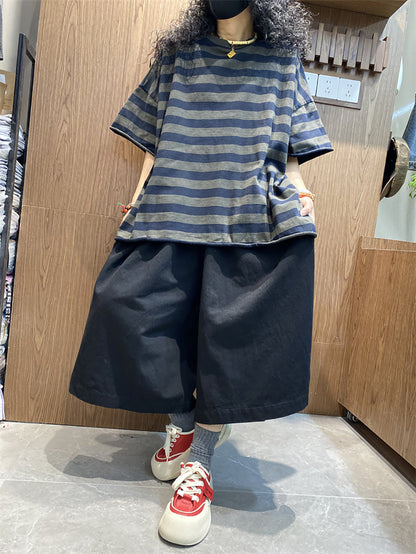 Shirt size Plus Women Summer Stripe O-Neck Colorblock