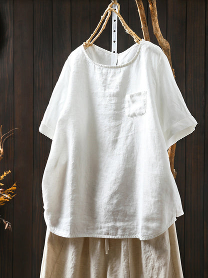 Chemise d'été à col rond pour femme, 100 % lin