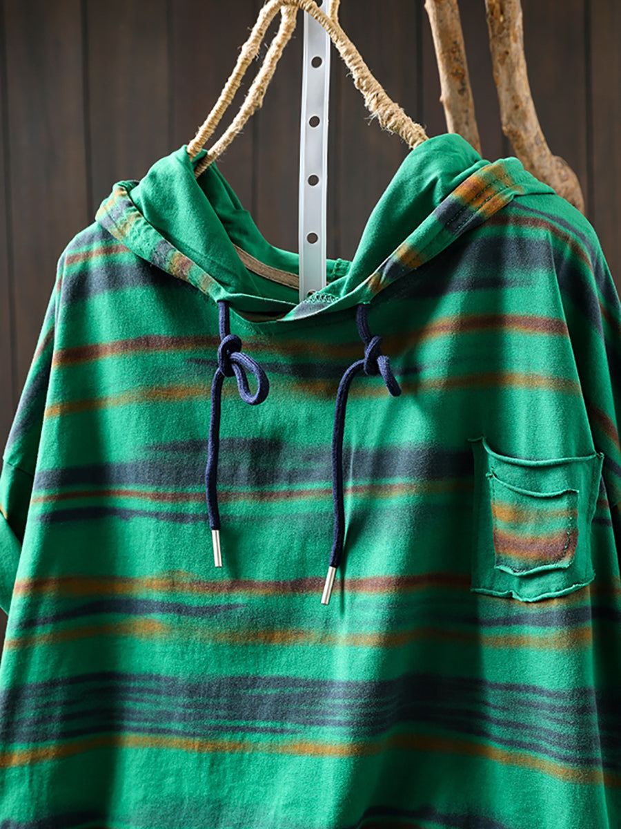 Hooded Women Retro Shirt Summer Stripe Cotton