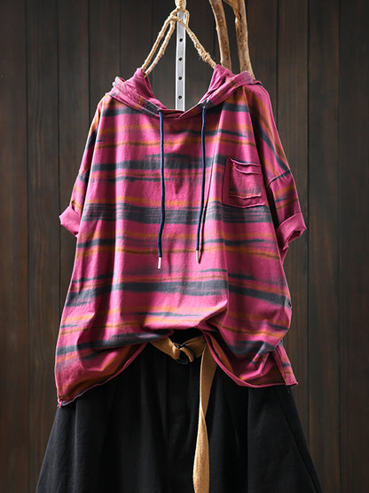 Hooded Women Retro Shirt Summer Stripe Cotton