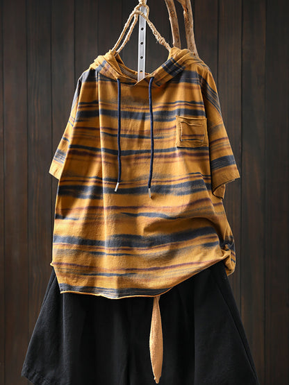 Hooded Women Retro Shirt Summer Stripe Cotton