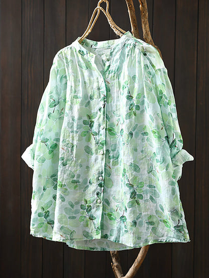 Blumenkragen Shirt Damen Sommer 100% Ramie Stand Artsy