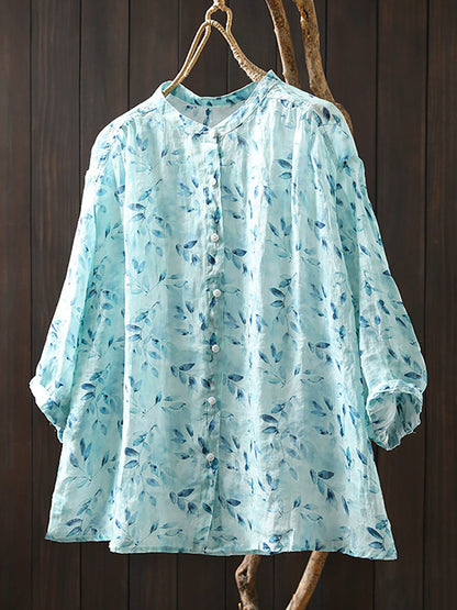 Blumenkragen Shirt Damen Sommer 100% Ramie Stand Artsy