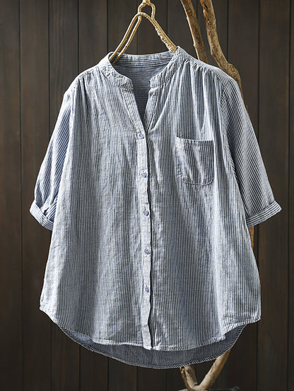 Summer Shirt Casual Stripe 100%Cotton Women V-Neck