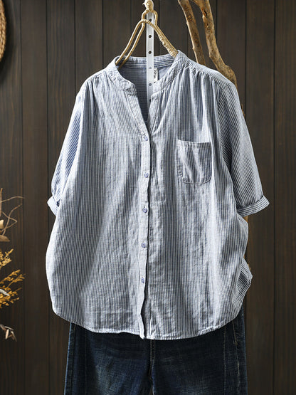 Summer Shirt Casual Stripe 100%Cotton Women V-Neck