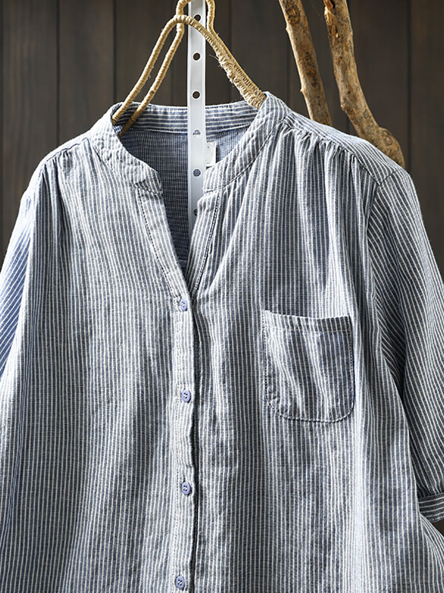 Summer Shirt Casual Stripe 100%Cotton Women V-Neck