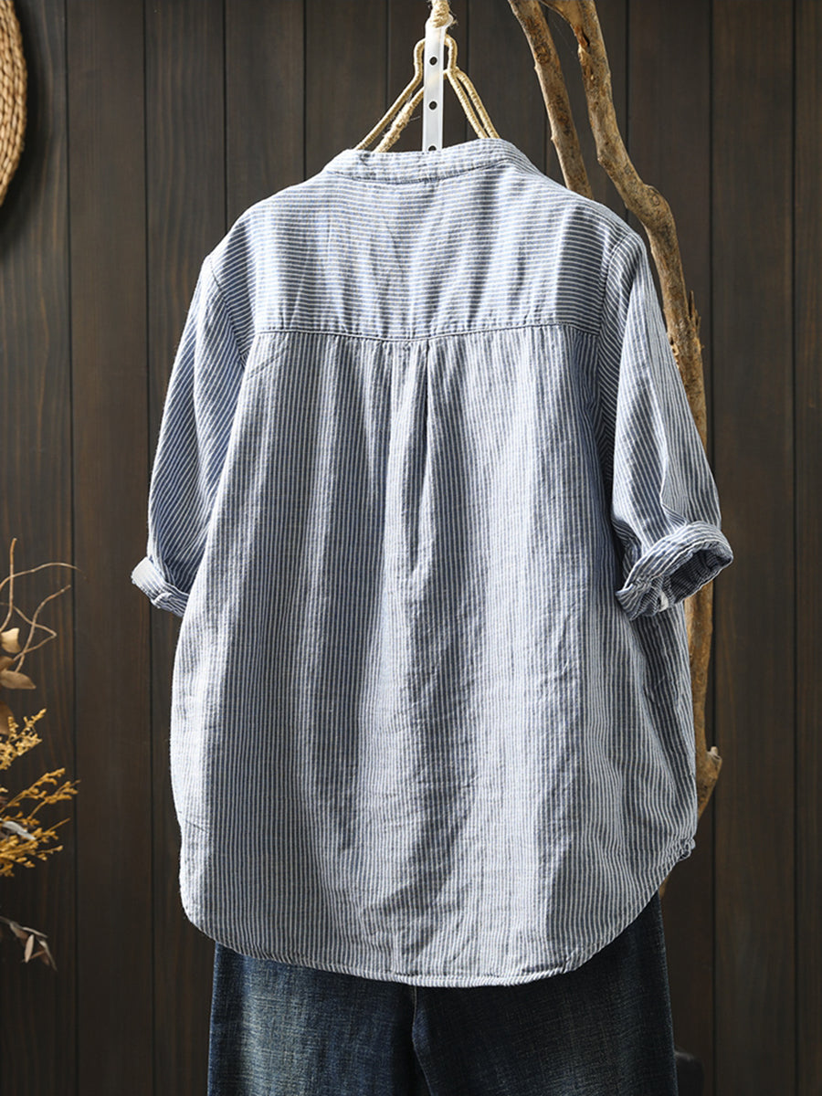 Summer Shirt Casual Stripe 100%Cotton Women V-Neck