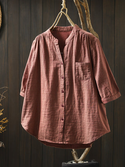 Summer Shirt Casual Stripe 100%Cotton Women V-Neck