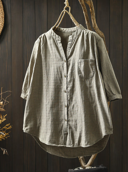 Summer Shirt Casual Stripe 100%Cotton Women V-Neck