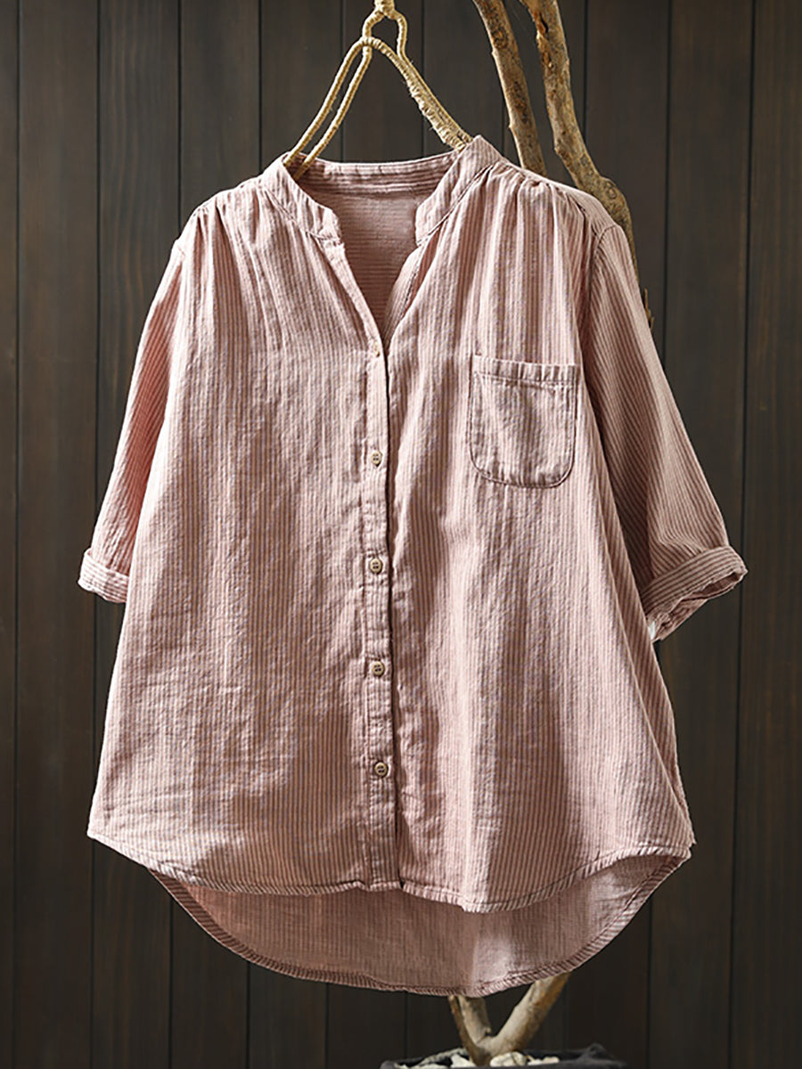 Summer Shirt Casual Stripe 100%Cotton Women V-Neck