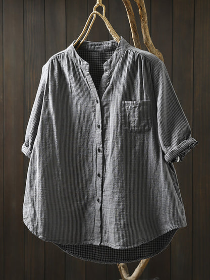 Summer Shirt Casual Stripe 100%Cotton Women V-Neck