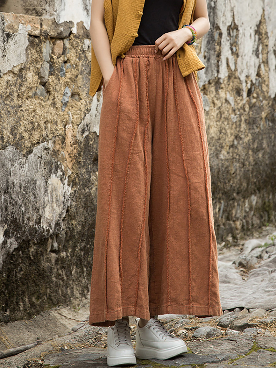 Pantalon d'été large en ramie pour femme, bords bruts, usé 