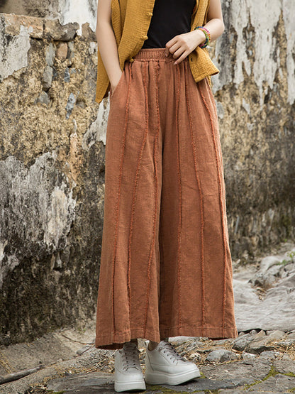 Pantalon d'été large en ramie pour femme, bords bruts, usé 