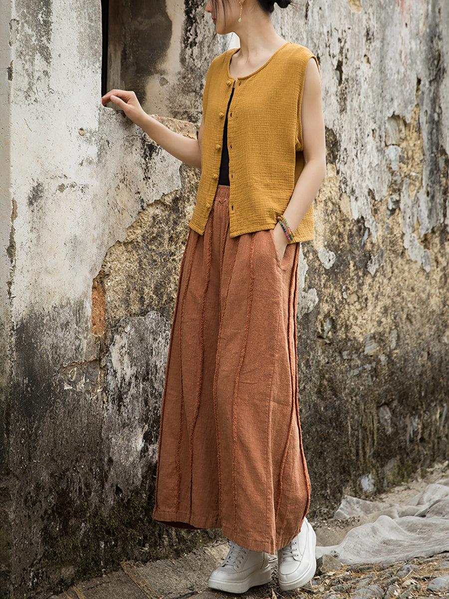 Pantalon d'été large en ramie pour femme, bords bruts, usé 