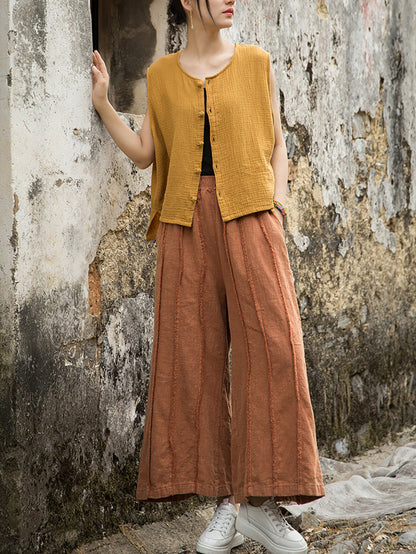 Pantalon d'été large en ramie pour femme, bords bruts, usé 