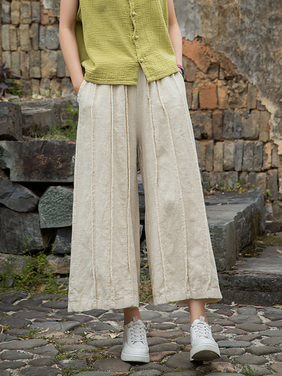 Pantalon d'été large en ramie pour femme, bords bruts, usé 