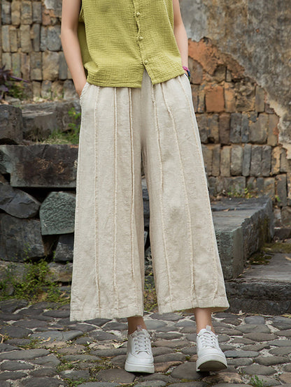 Pantalon d'été large en ramie pour femme, bords bruts, usé 