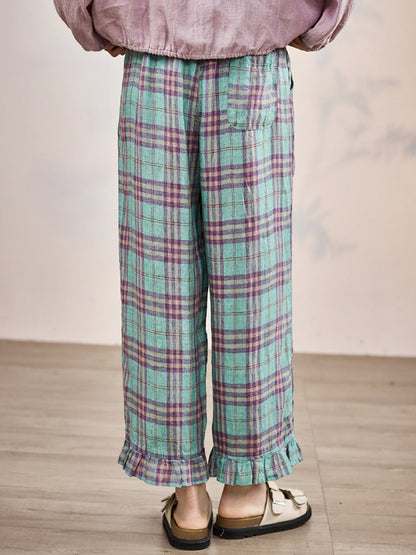 Pantalon droit Artsy pour femme, à carreaux, 100 % lin, été