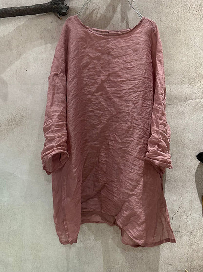 Frauen Artsy Shirt Ramie Sommer O-Ausschnitt Reine Farbe