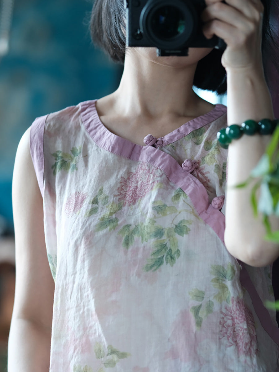 Women Summer Vintage Vest Flower O-Neck