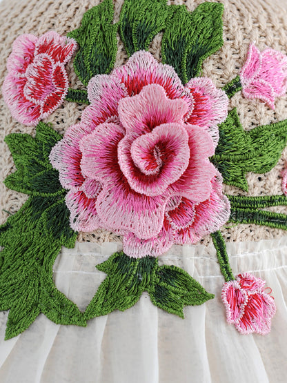 Sonnenfester Hut mit Blumenspitze und ethnischer Stickerei für Damen