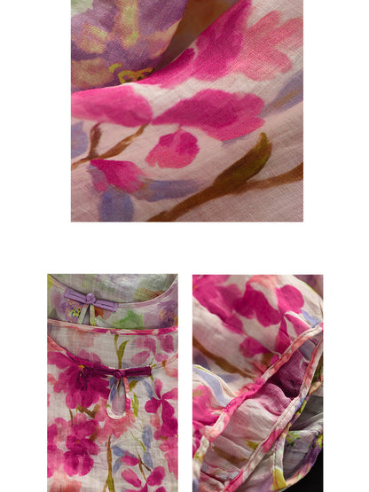 Blumen Sommer Shirt 100% Ramie O-Ausschnitt Artsy Damen