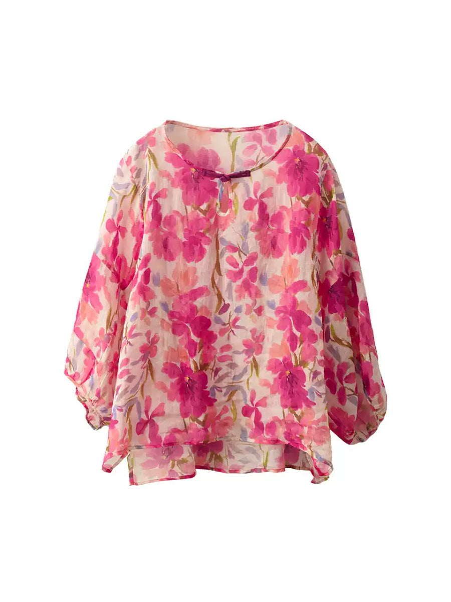 Blumen Sommer Shirt 100% Ramie O-Ausschnitt Artsy Damen