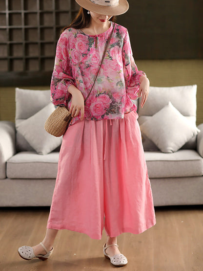 Blumen Sommer Shirt 100% Ramie O-Ausschnitt Artsy Damen