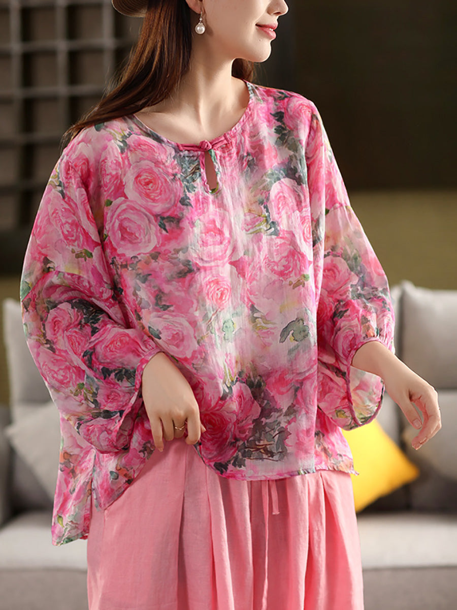 Blumen Sommer Shirt 100% Ramie O-Ausschnitt Artsy Damen