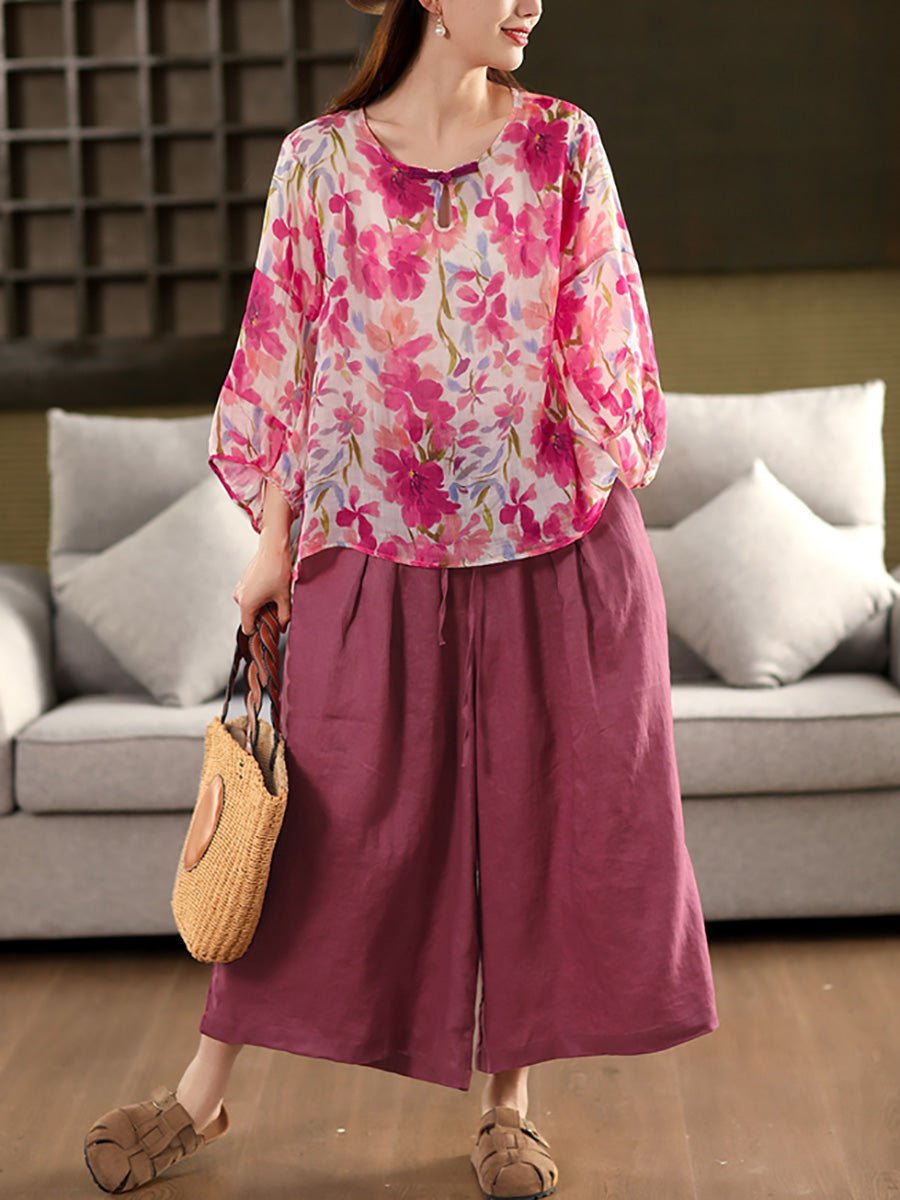 Blumen Sommer Shirt 100% Ramie O-Ausschnitt Artsy Damen