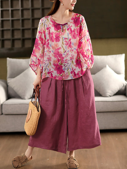 Blumen Sommer Shirt 100% Ramie O-Ausschnitt Artsy Damen