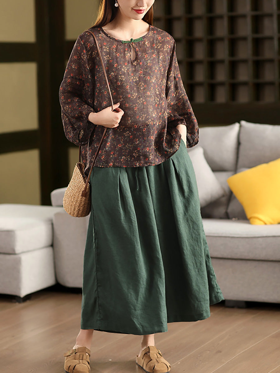 Blumen Sommer Shirt 100% Ramie O-Ausschnitt Artsy Damen