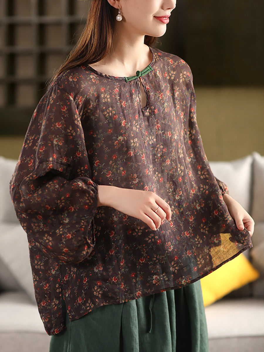 Blumen Sommer Shirt 100% Ramie O-Ausschnitt Artsy Damen