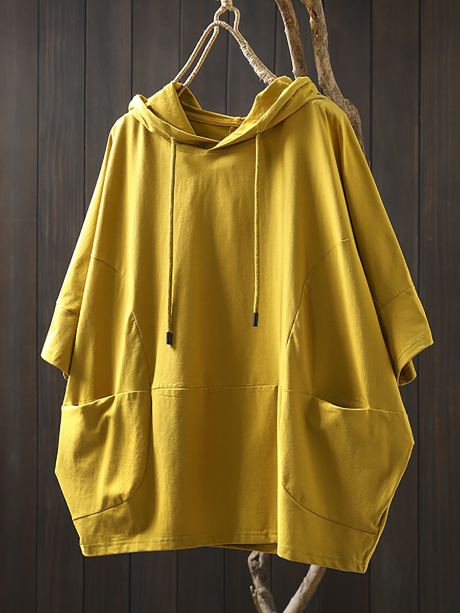 Shirt Frauen Sommer Casual 100% Baumwolle Reine Farbe Mit Kapuze 