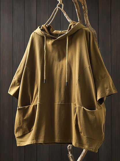 Shirt Frauen Sommer Casual 100% Baumwolle Reine Farbe Mit Kapuze 