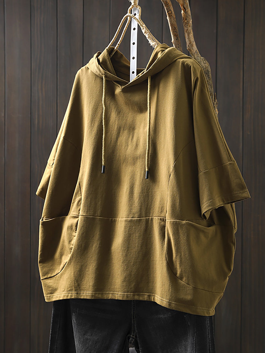 Shirt Frauen Sommer Casual 100% Baumwolle Reine Farbe Mit Kapuze 